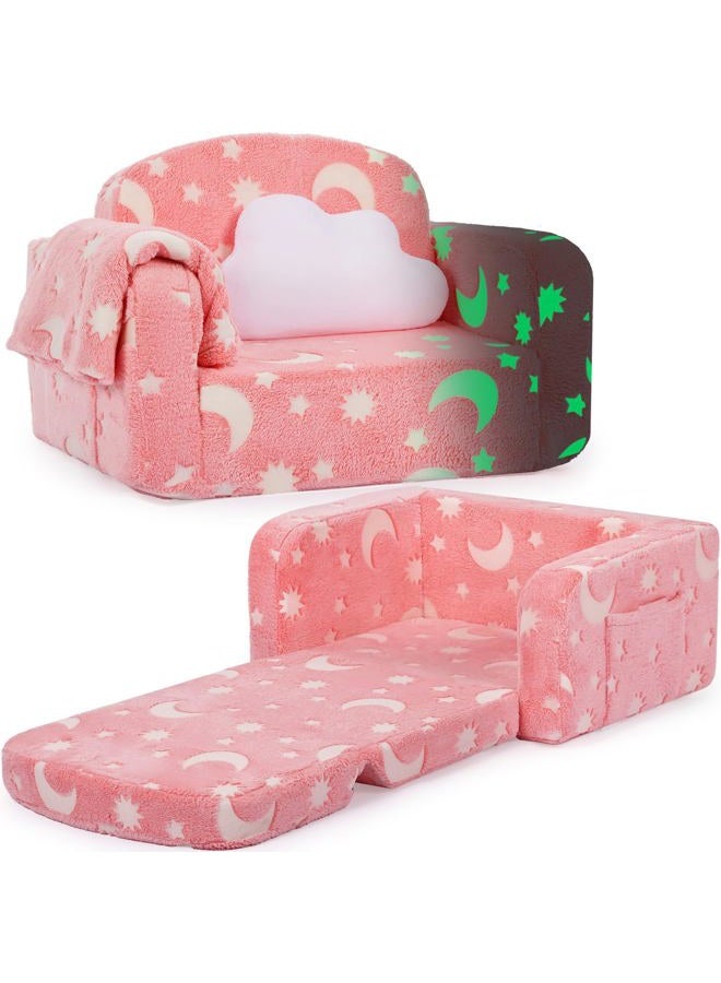 Foryoomi Kids Couch, 2-in-1 Soft Toddler Couch Fold Out with with Blanket and Cloud Pillow, Glow in The Dark, Convertible Sofa Comfy to Lounger, Gifts for Kids Girl Boys, Medium Grey Star, Medium Pink Moon - Image 1