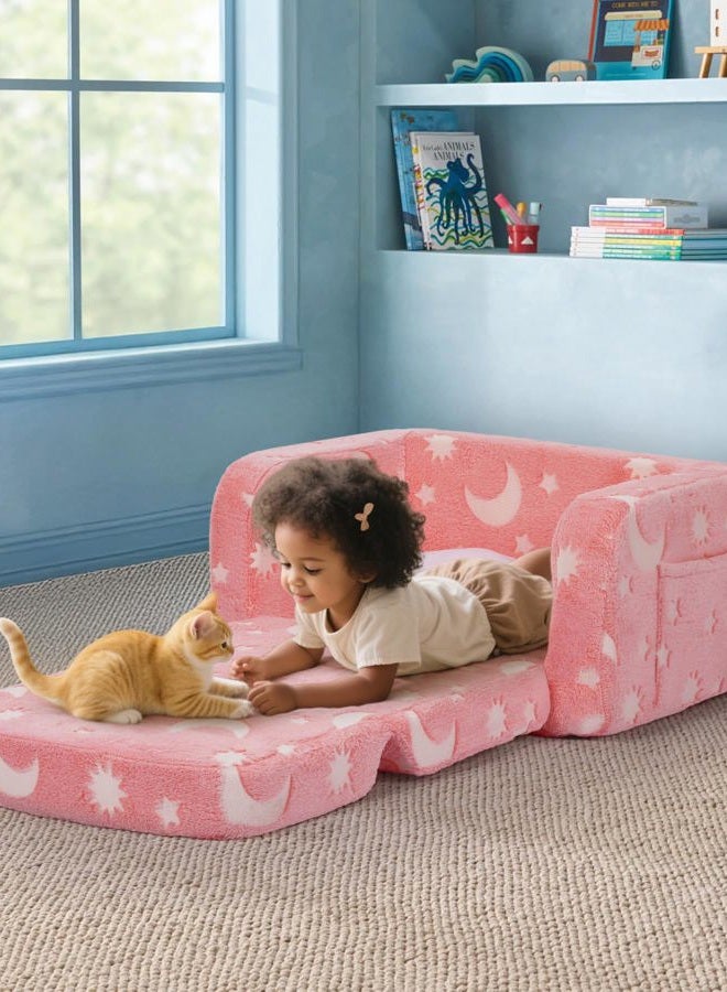 Foryoomi Kids Couch, 2-in-1 Soft Toddler Couch Fold Out with with Blanket and Cloud Pillow, Glow in The Dark, Convertible Sofa Comfy to Lounger, Gifts for Kids Girl Boys, Medium Grey Star, Medium Pink Moon - Image 4