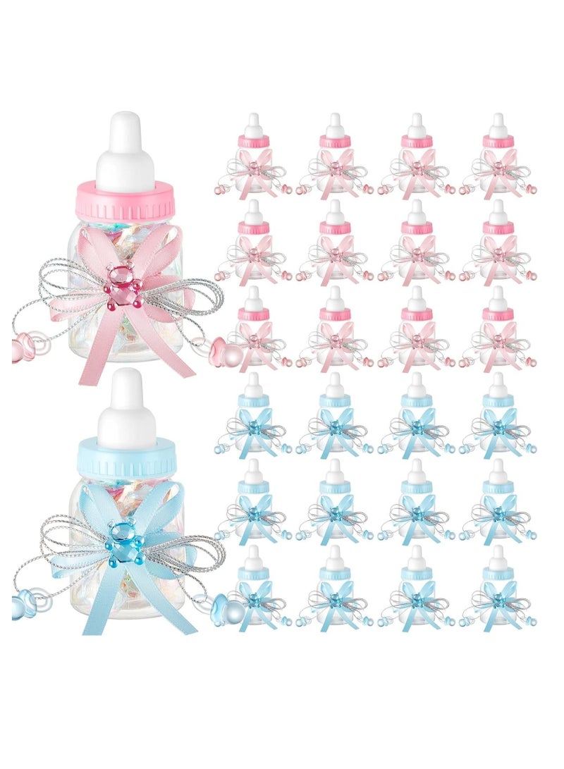 SYOSI Baby Shower Bottles 48 Pcs Baby Shower Mini Milk Bottle Baby Bottles Mini Baby Bottles for Baby Shower Plastic Bear Candy Box Bottles with Ribbon for Baby Shower Favor Gift Decor Blue Pink  - Image 1