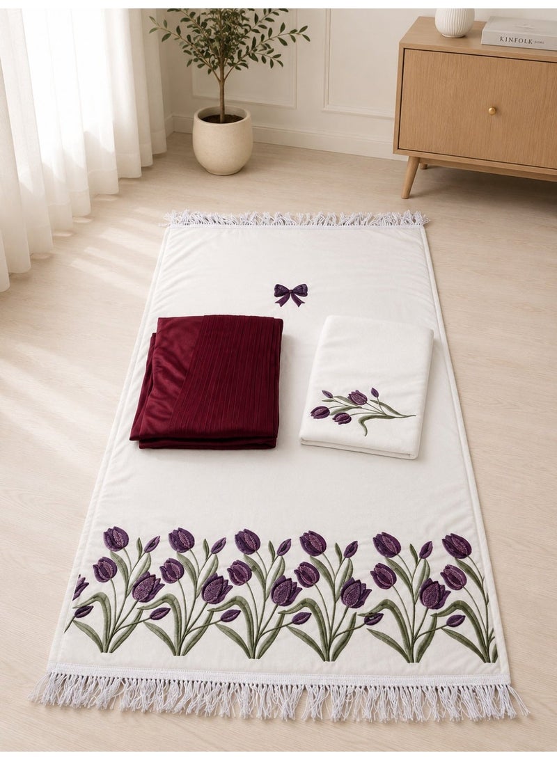 Women's Prayer Mat and Sheet Set with Bow - Burgundy/Off-White