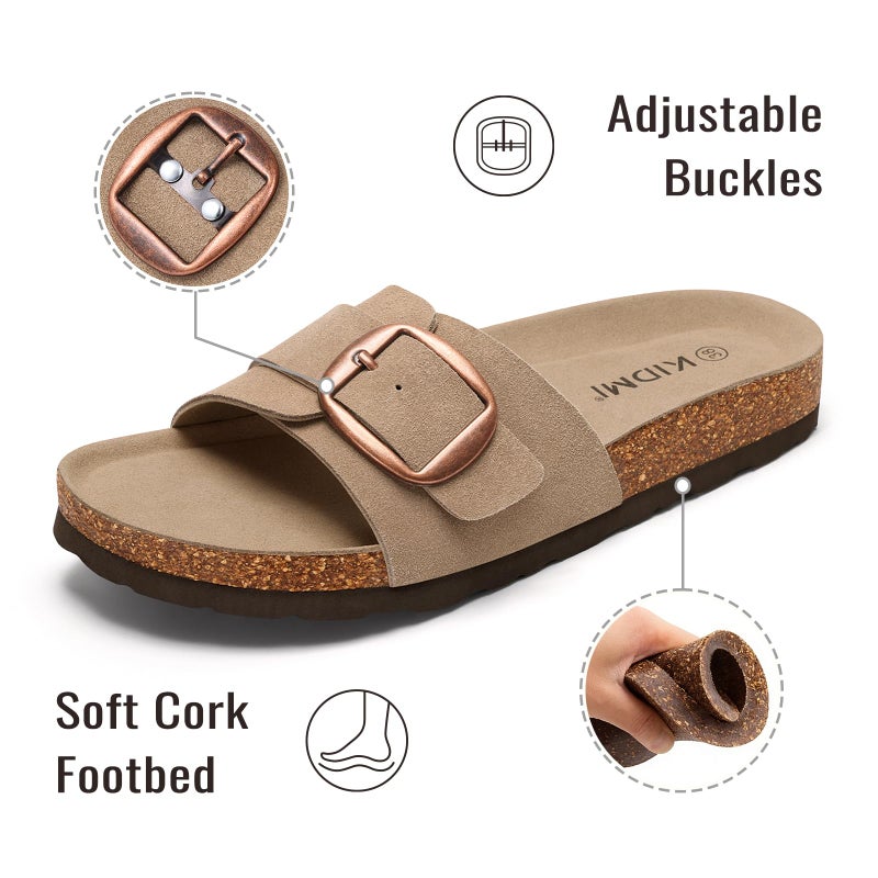 KIDMI Genuine Suede Cork Footbed Sandals for Women Comfortable Summer Slides with Buckle, Apricot 39 - Image 4