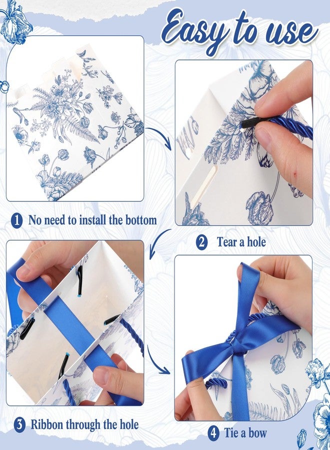 Moinchore 30 Pcs Blue and White Floral Paper Gift Bags with Ribbon Handles, 5.5 x 4.7 x 2.5 in Medium Decorative Favor Bags for Baby Shower, Bridal Party, Wedding, Birthday, Candy, Snacks and Presents - Image 5