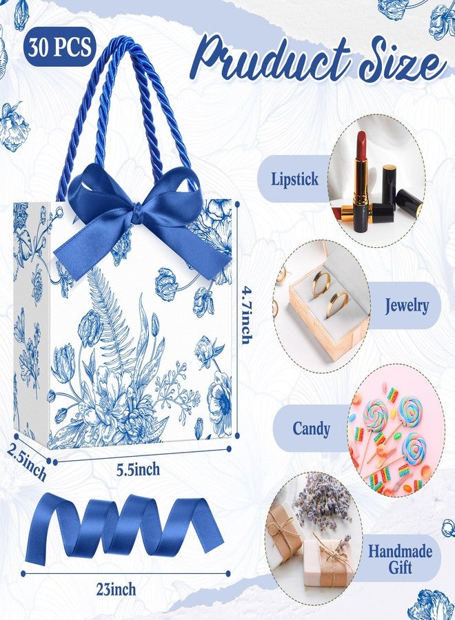 Moinchore 30 Pcs Blue and White Floral Paper Gift Bags with Ribbon Handles, 5.5 x 4.7 x 2.5 in Medium Decorative Favor Bags for Baby Shower, Bridal Party, Wedding, Birthday, Candy, Snacks and Presents - Image 2