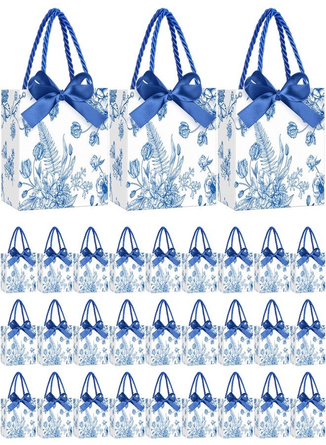 Moinchore 30 Pcs Blue and White Floral Paper Gift Bags with Ribbon Handles, 5.5 x 4.7 x 2.5 in Medium Decorative Favor Bags for Baby Shower, Bridal Party, Wedding, Birthday, Candy, Snacks and Presents - Image 1