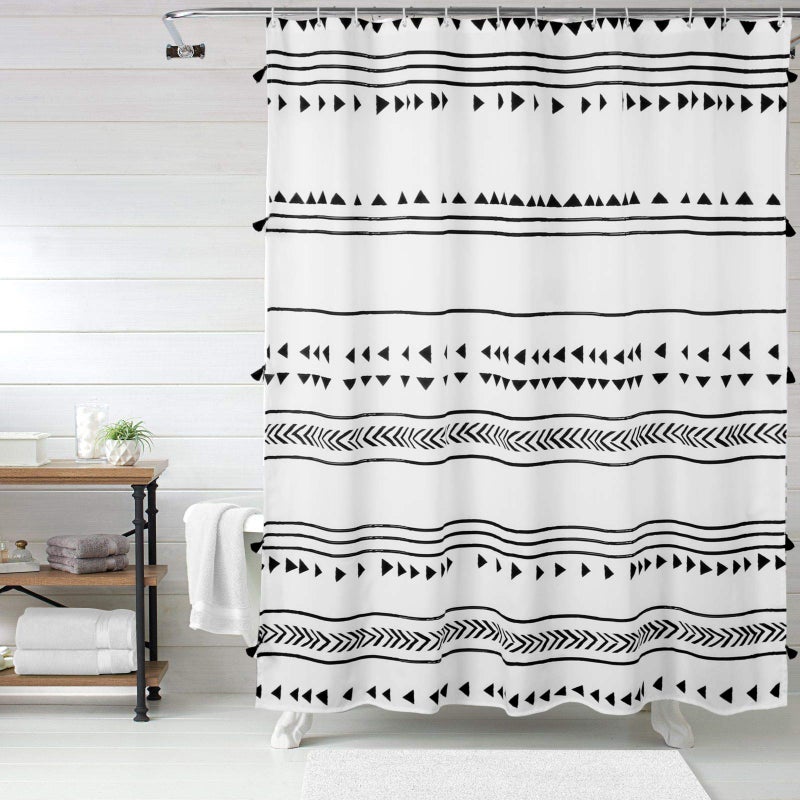 Uphome Extra Long Fabric Shower Curtain for Bathroom Black and White Boho Shower Curtain Set Chic Triangle Geometric Tassel Cloth Bath Curtains Waterproof Machine Washable for Modern Bathtub 72 x 78