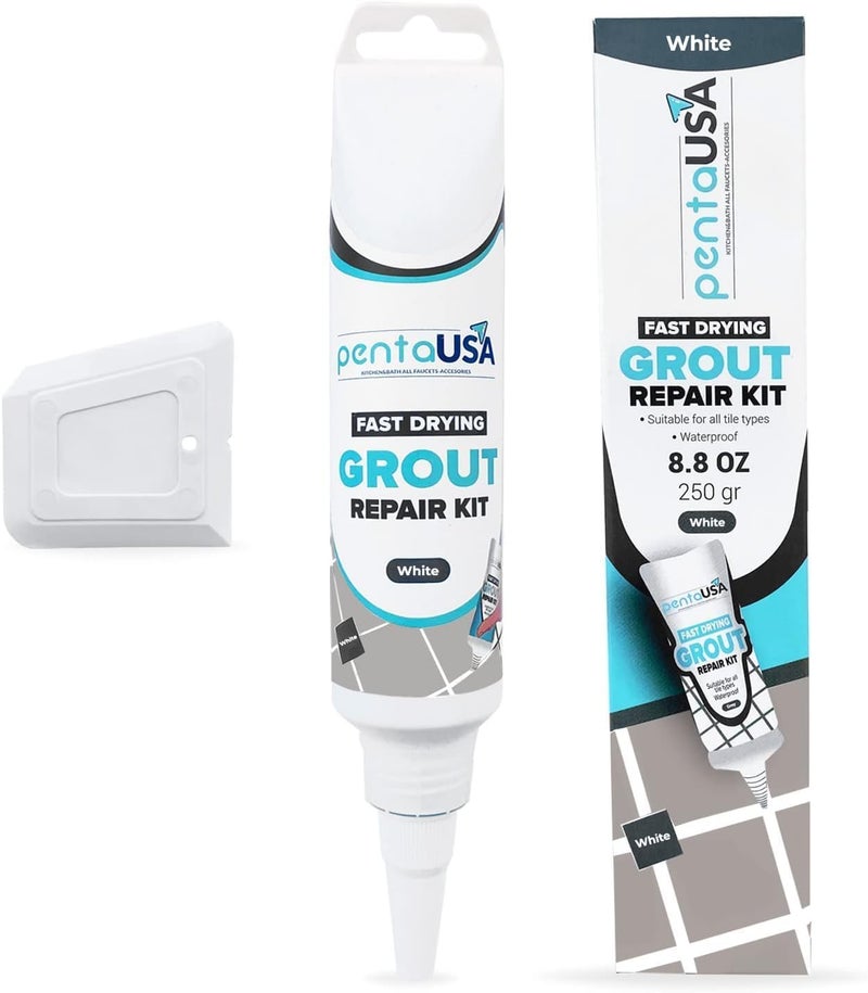 PENTAUSA Tile Grout Repair Kit - White Grout Filler, Triple Protection, Fast Drying Formula Restores and Renews Grout Lines with Scraper (White, 8.8oz / 250gr) - Image 1