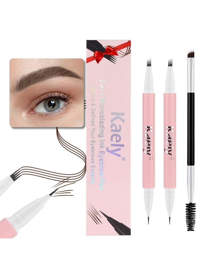 evpct 2Pcs Dark Brown Magic Microblading Dual-Ended Eyebrow Contouring Pen Brow Pencil, With 4 Brush Micro-Fork-Tips Applicator And Precise Brush-Tip, Hair Like Strokes, With Dual-Ended Eyebrow Brush - Image 1