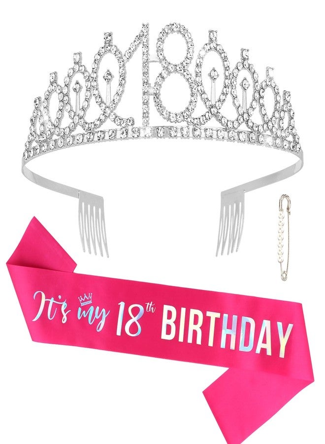 Semato 18th Birthday Decorations for Girls Hot Pink 18th Birthday Crown and Sash Gifts for Girls Party Supplies and Favors - Image 1