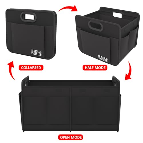 Homeve Trunk Organizer, Car Storage, Reinforced Handles, Collapsible Multi-Compartment, Foldable, Waterproof, Sturdy, 600D Oxford Polyester For Car, SUV, Mini-Van, Black, 2 Compart-Medium - Image 3