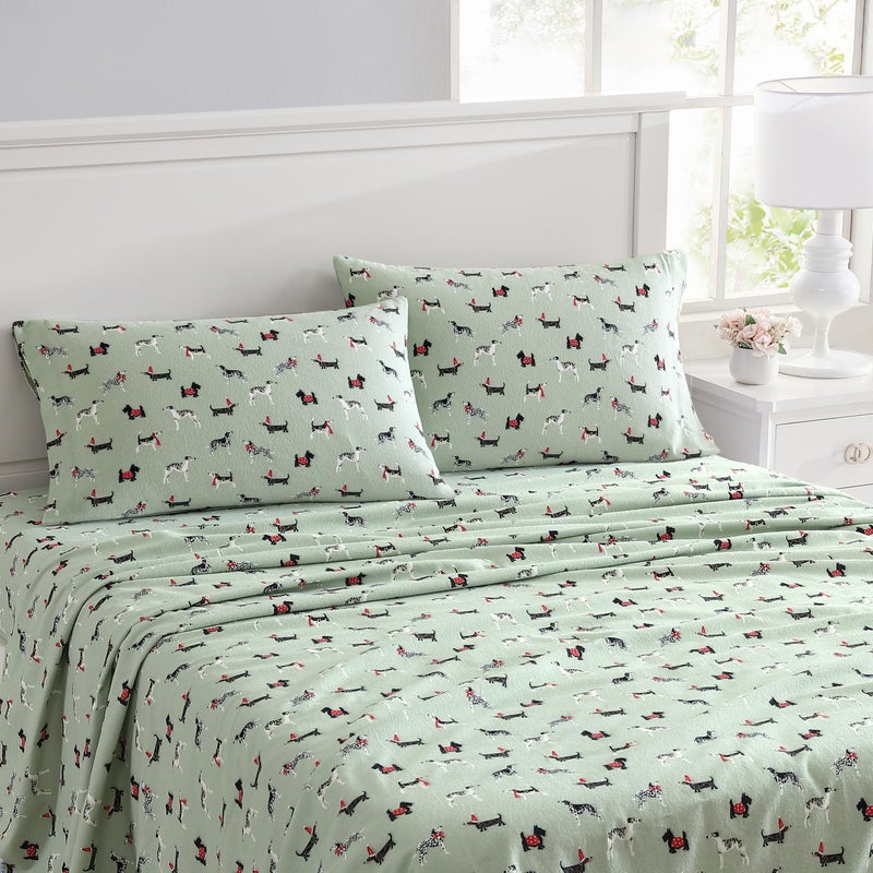 Laura Ashley - Full Sheet Set  Cotton Flannel Bedding  Brushed for Extra Softness & Comfort (Holiday Pups Green  Full)