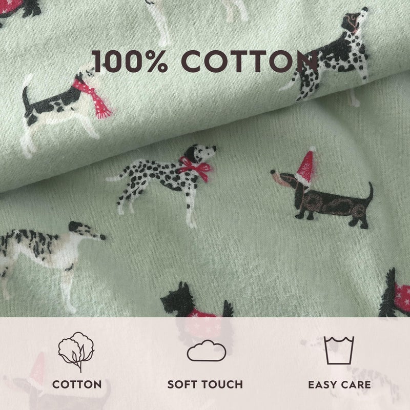 Laura Ashley - Full Sheet Set  Cotton Flannel Bedding  Brushed for Extra Softness & Comfort (Holiday Pups Green  Full)
