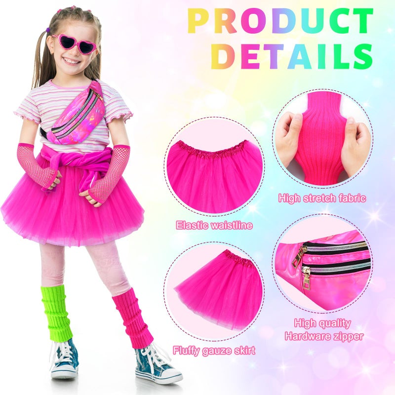 Toulite 8 Pcs Halloween Kid 80s Costume Accessories Set Neon Leg Warmers Socks Fanny Tutu Skirts(Rose Red and Green) - Image 4