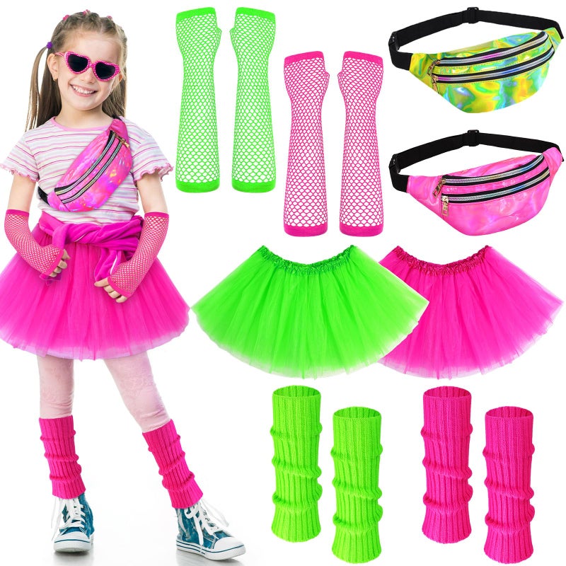 Toulite 8 Pcs Halloween Kid 80s Costume Accessories Set Neon Leg Warmers Socks Fanny Tutu Skirts(Rose Red and Green) - Image 1