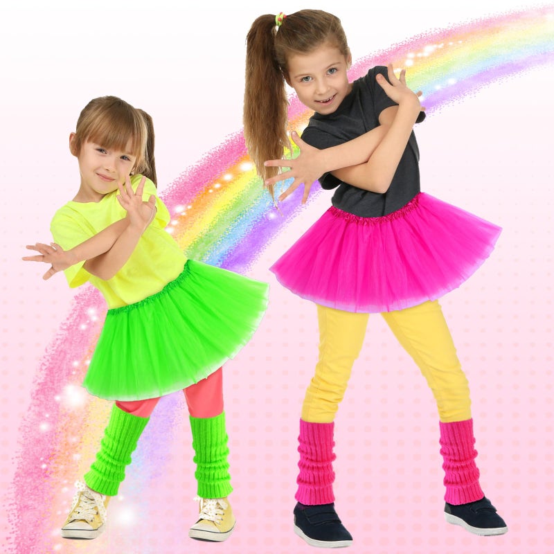 Toulite 8 Pcs Halloween Kid 80s Costume Accessories Set Neon Leg Warmers Socks Fanny Tutu Skirts(Rose Red and Green) - Image 2