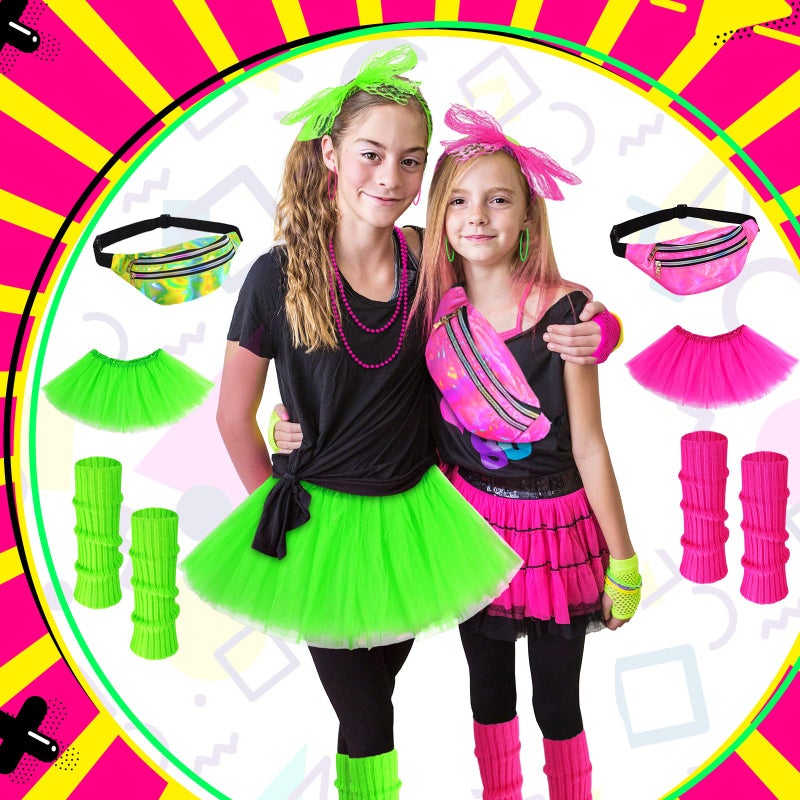 Toulite 8 Pcs Halloween Kid 80s Costume Accessories Set Neon Leg Warmers Socks Fanny Tutu Skirts(Rose Red and Green) - Image 5