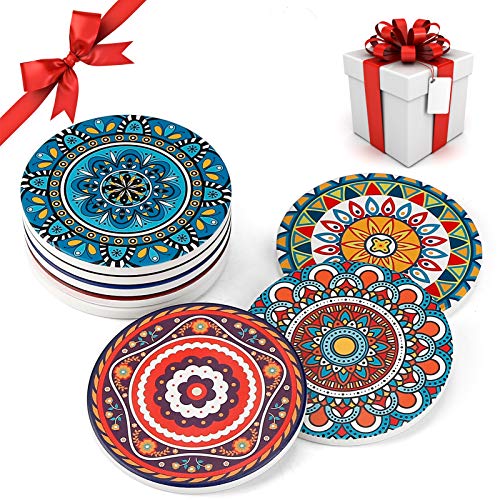 AODINI Coasters for Drinks,AODINI Set of 8 Absorbent Stone Coasters for Wooden Table, Mandala Ceramic with Cork Base, Gift for Housewarming Birthday and Family - Great Home and Dining Room Decor - Image 3