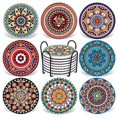 AODINI Coasters for Drinks,AODINI Set of 8 Absorbent Stone Coasters for Wooden Table, Mandala Ceramic with Cork Base, Gift for Housewarming Birthday and Family - Great Home and Dining Room Decor - Image 1