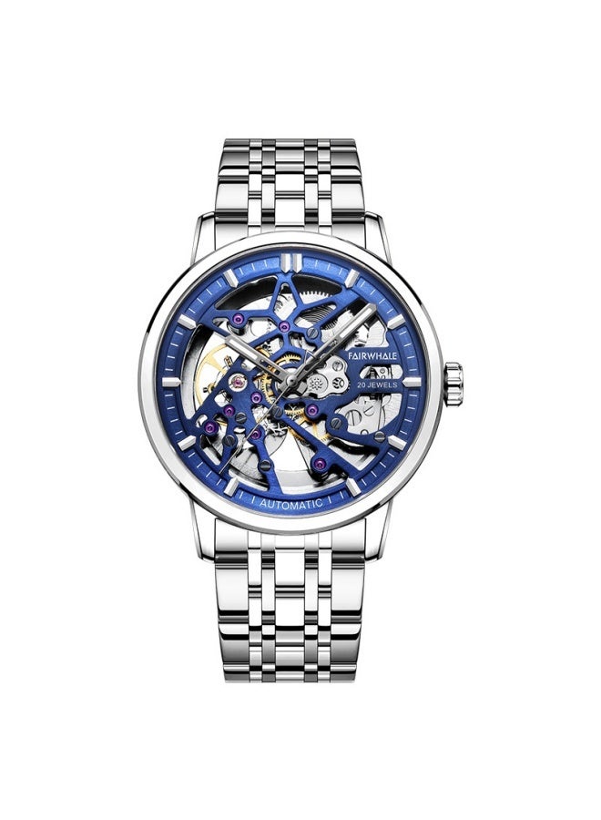 Mark Fairwhale Men's Double Skeleton Tourbillon Mechanical Watch - Silver Case with White Accents & Steel Bracelet