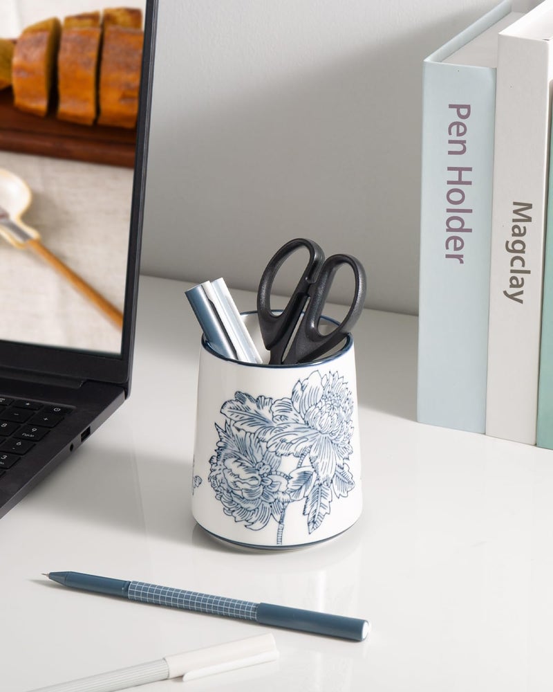 Magclay Pencil Holder for Desk, Ceramic Pen Holder, Blue and White Chinoiserie Desk Pen Organizer, Flowers and Branches - Image 3
