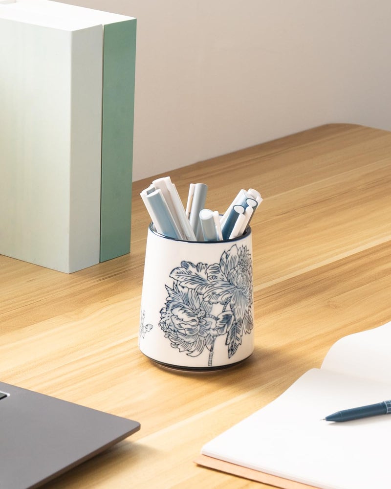 Magclay Pencil Holder for Desk, Ceramic Pen Holder, Blue and White Chinoiserie Desk Pen Organizer, Flowers and Branches - Image 4