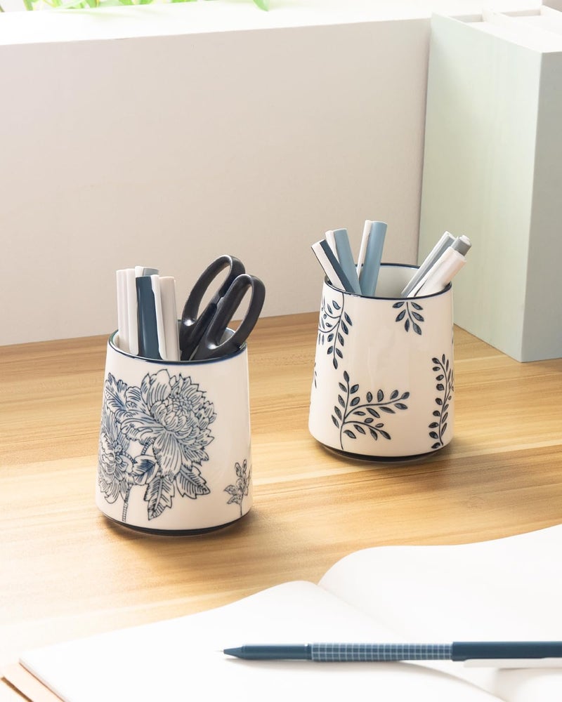 Magclay Pencil Holder for Desk, Ceramic Pen Holder, Blue and White Chinoiserie Desk Pen Organizer, Flowers and Branches - Image 5