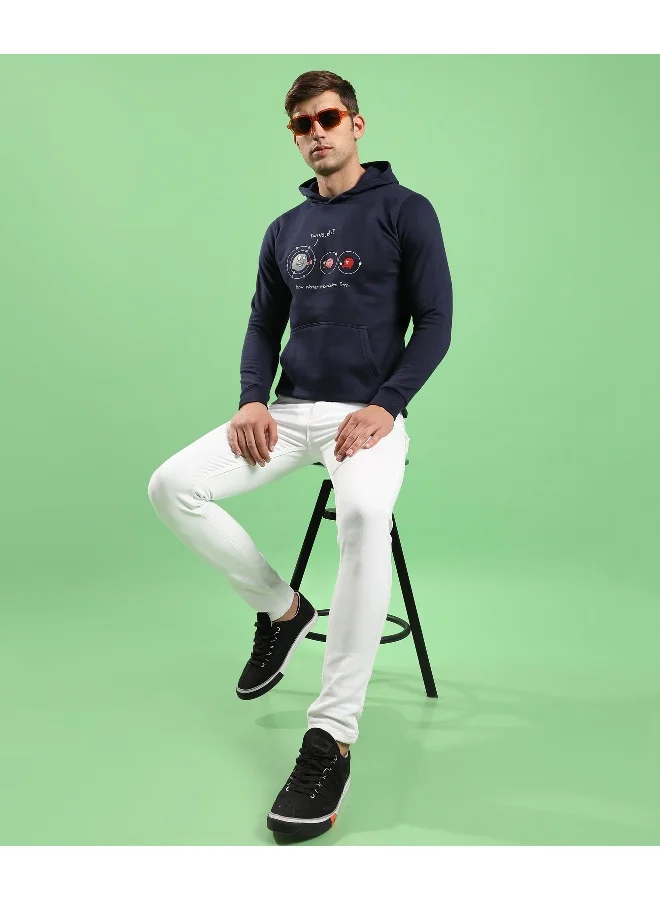 Campus Sutra Men's Navy Blue Water Molecules Hoodie With Kangaroo Pocket