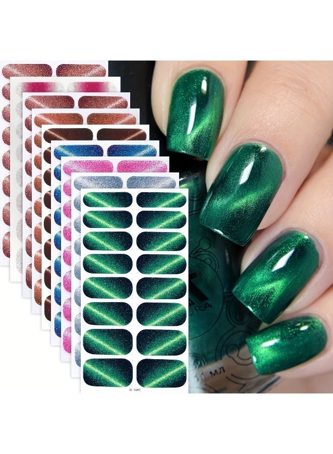 Rozino 8 Sheets Glitter Gel Nail Stickers, Cat's Eye Full Cover Nail Wraps, No Curing Manicure Strips for Women - Image 1