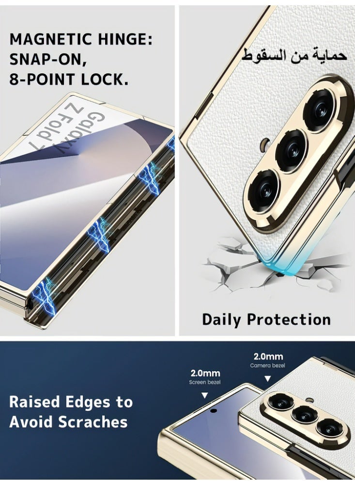 غلاف Samsung Galaxy Z Fold 7 [بحامل مدمج وحماية المفصلة وواقي شاشة زجاجي مقوى] - غلاف وقائي كامل للهاتف، أنيق ومصنوع من الجلود الرفيعة، باللون الأبيض - Image 3