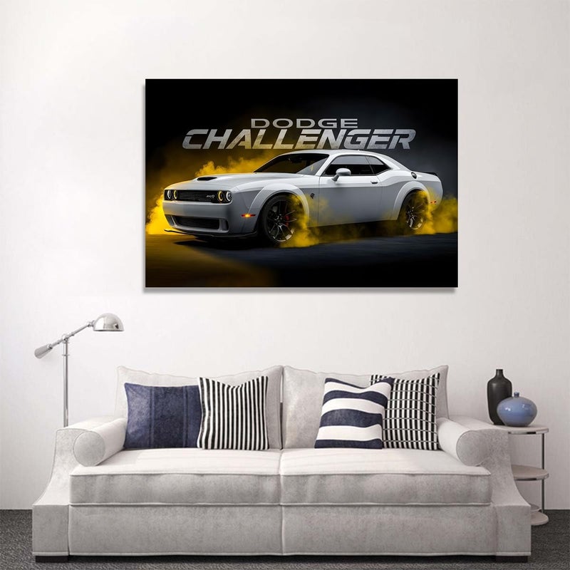 اي ار اس لوحة جدارية قماشية لسيارة دودج تشالنجر من ARS، مقاس 60×90 سم - ملصق سيارة مؤطر مناسب للجراج والمكتب وغرفة النوم، هدية مثالية لغرفة المعيشة أو غرفة النوم - Image 1