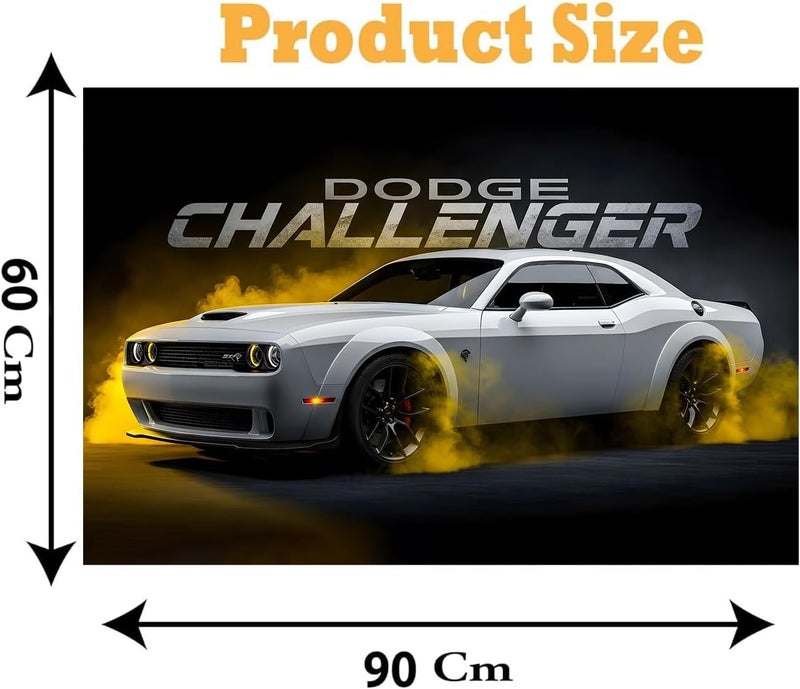 اي ار اس لوحة جدارية قماشية لسيارة دودج تشالنجر من ARS، مقاس 60×90 سم - ملصق سيارة مؤطر مناسب للجراج والمكتب وغرفة النوم، هدية مثالية لغرفة المعيشة أو غرفة النوم - Image 2