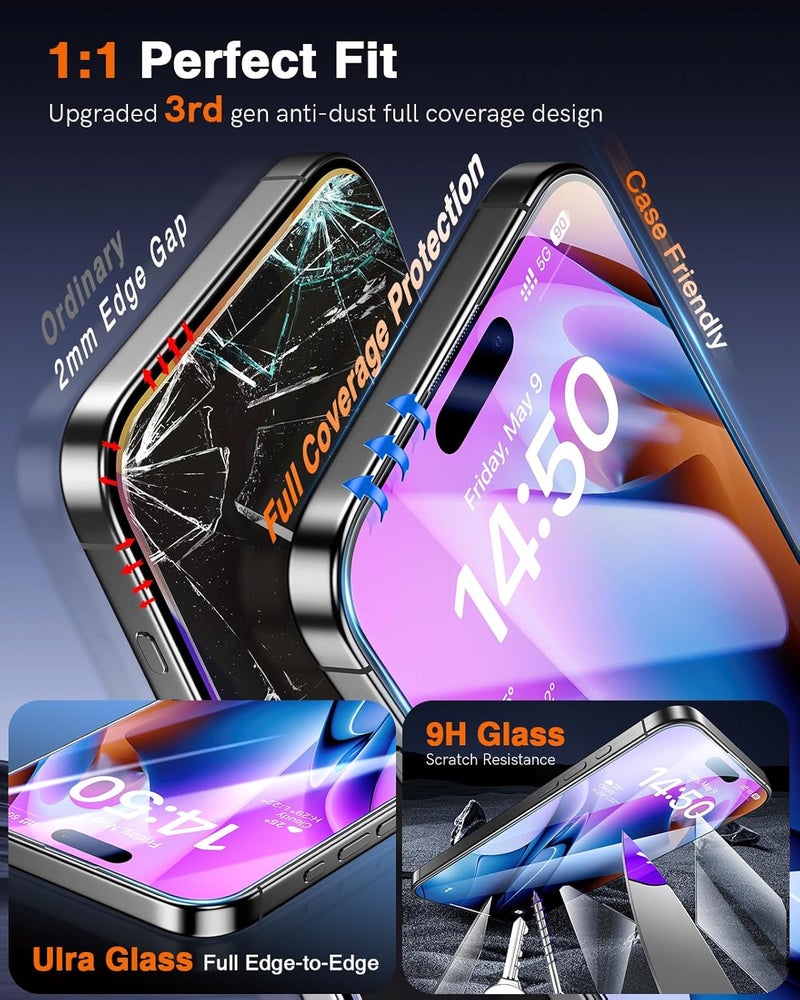 LK 3 Pack for iPhone 15 Pro Screen Protector [Auto-Dusting 0 Bubble] Military Grade Shatterproof, Full Coverage HD Ultra Tempered Glass Screen Protector for 15 Pro [One-Pull Install] Anti-Scratch - Image 5