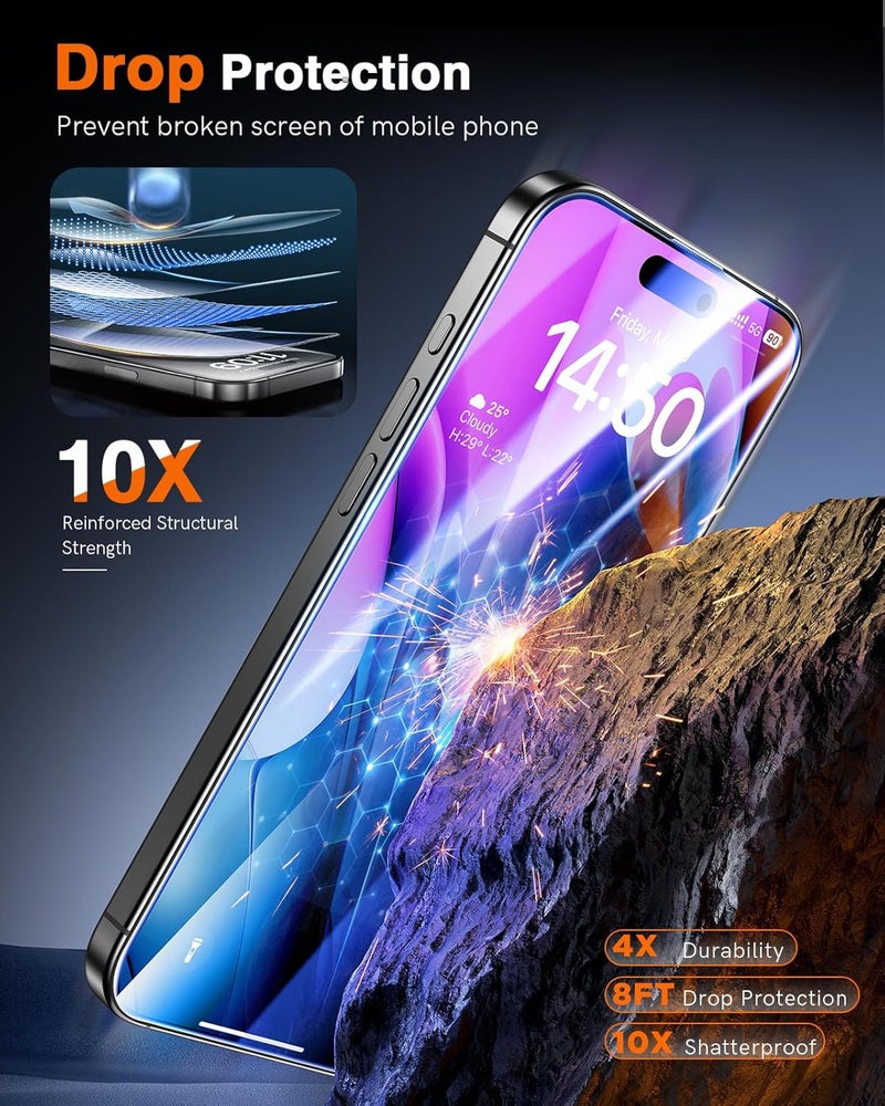 LK 3 Pack for iPhone 15 Pro Screen Protector [Auto-Dusting 0 Bubble] Military Grade Shatterproof, Full Coverage HD Ultra Tempered Glass Screen Protector for 15 Pro [One-Pull Install] Anti-Scratch - Image 3