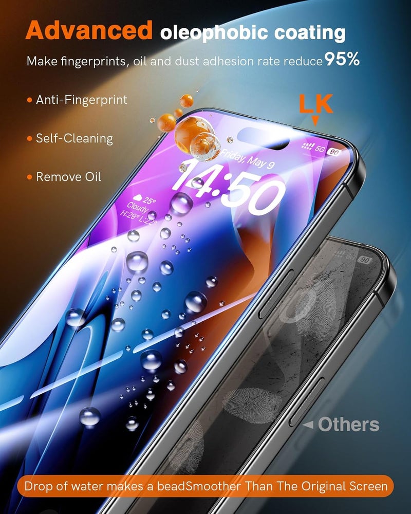 LK 3 Pack for iPhone 15 Pro Screen Protector [Auto-Dusting 0 Bubble] Military Grade Shatterproof, Full Coverage HD Ultra Tempered Glass Screen Protector for 15 Pro [One-Pull Install] Anti-Scratch - Image 4