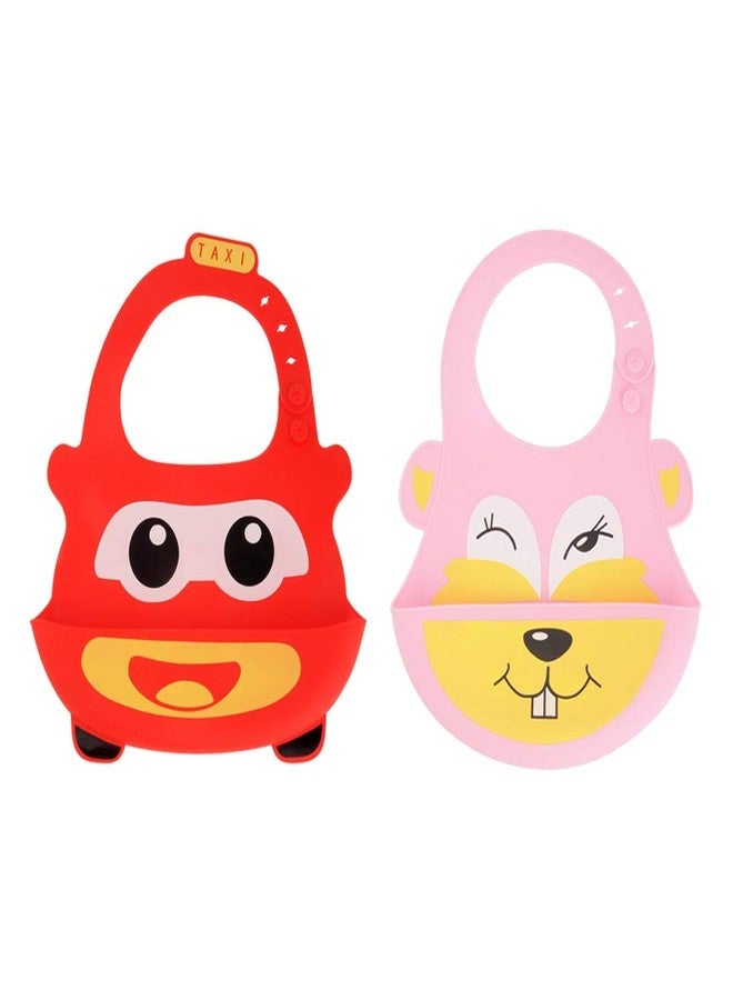 Yellow Bee Silicone Easy Clean Bib with Crumb Collector, Red and Pink - Pack of Two - Image 1
