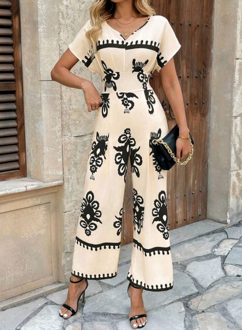 Shein SHEINWomen's Retro Vacation Style Floral Print Empire Waist Batwing Sleeve Jumpsuit - Image 1