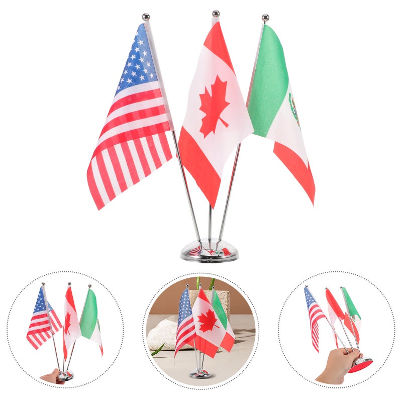 1 Set Miniature USA Canada Mexico Table Flags - Desktop Decoration Office Banner With Stainless Steel Pole Holder For Meetings International Events - Image 1
