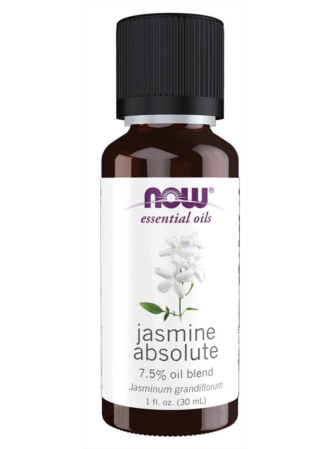 now زيوت أساسية، مزيج زيت الياسمين المطلق، 7.5% مزيج من زيت الياسمين المطلق النقي في زيت الجوجوبا النقي، رائحة عطرية رومانسية، نباتي، غطاء مقاوم للأطفال، 1 أونصة - Image 1