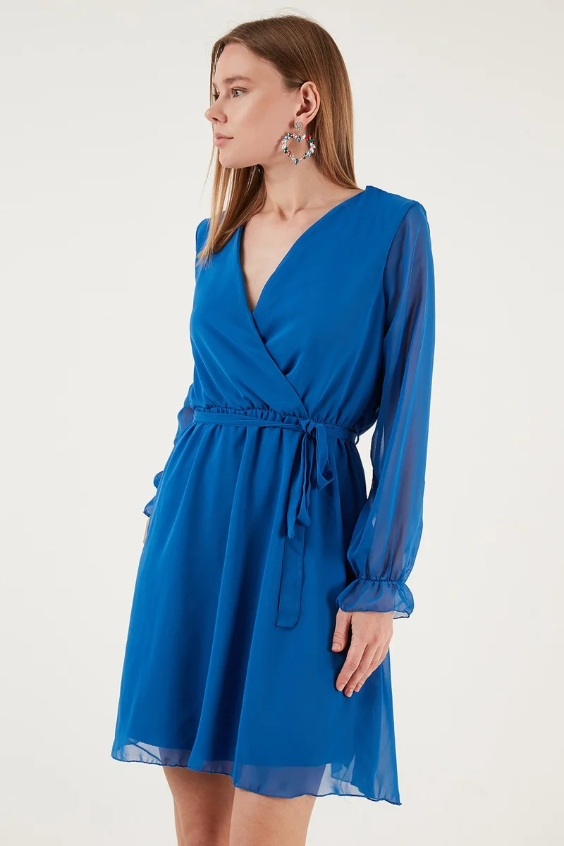 Lela Double Breasted Collar Tie Detailed Chiffon Mini Dress Women's Dress 6051467