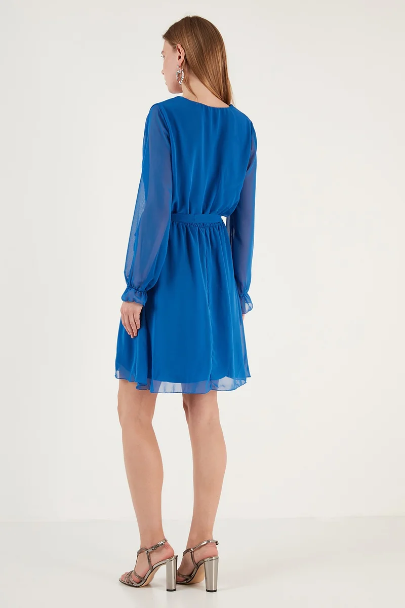 Lela Double Breasted Collar Tie Detailed Chiffon Mini Dress Women's Dress 6051467