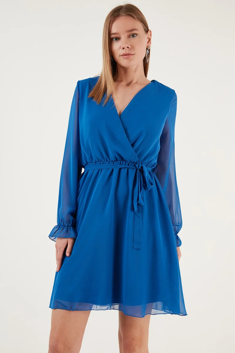 Lela Double Breasted Collar Tie Detailed Chiffon Mini Dress Women's Dress 6051467