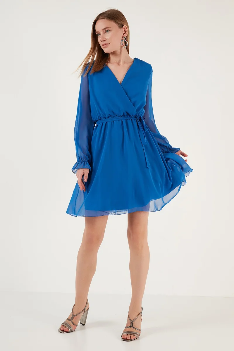 Lela Double Breasted Collar Tie Detailed Chiffon Mini Dress Women's Dress 6051467