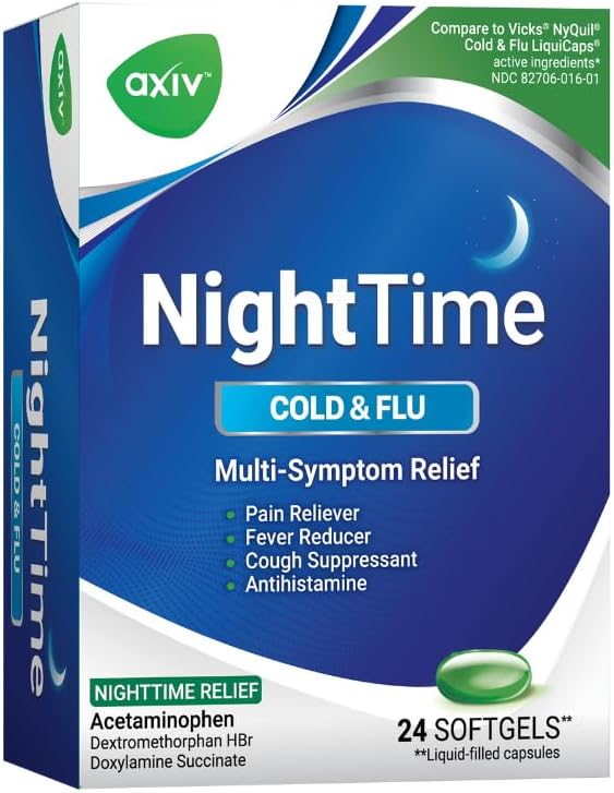 AXIV Nighttime Cold  Flu Relief Softgels MultiSymptom Nighttime Relief for Headache Fever Sore Throat Minor Aches and Pains Sneezing Runny Nose and Cough 24 Count - Image 1