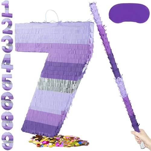 PCFING 20 Inch Number 7 Piata Purple Silver with 30 Inch Piata Stick Blindfold Confetti for Boy Girl Kids Birthday Party Decorations Anniversary Celebration Fiesta - Image 1