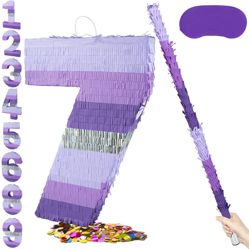 PCFING 20 Inch Number 7 Piata Purple Silver with 30 Inch Piata Stick Blindfold Confetti for Boy Girl Kids Birthday Party Decorations Anniversary Celebration Fiesta - Image 3