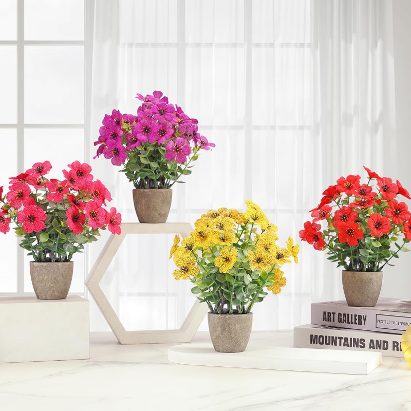 FAVOWREATH 4 Pack Small Fake Plants Potted Artificial Plants Artificial Flowers Potted Faux Flower Daisy with Eucalyptus Leaves for Home Decor Office Room Farmhouse Indoor Table Bathroom Decor ï¼ˆMixedï¼‰ - Image 2