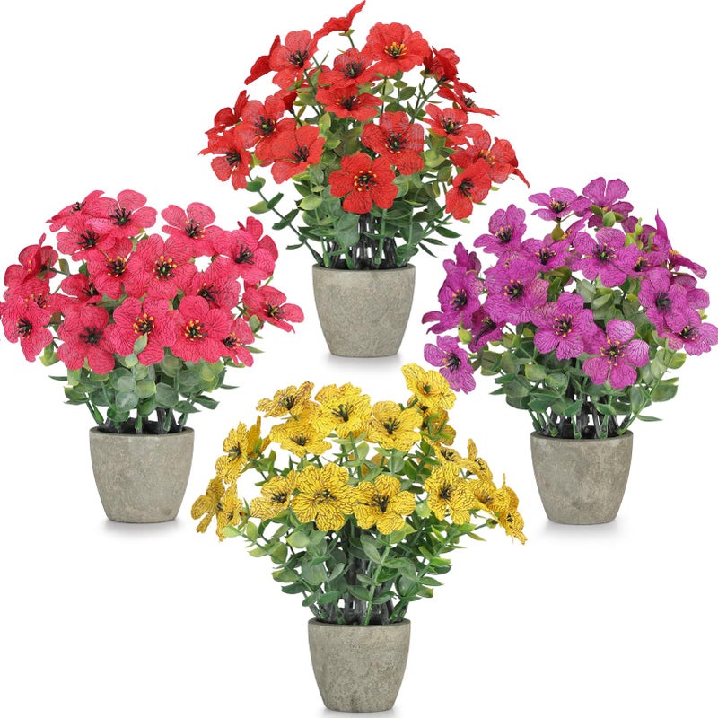 FAVOWREATH 4 Pack Small Fake Plants Potted Artificial Plants Artificial Flowers Potted Faux Flower Daisy with Eucalyptus Leaves for Home Decor Office Room Farmhouse Indoor Table Bathroom Decor ï¼ˆMixedï¼‰ - Image 1