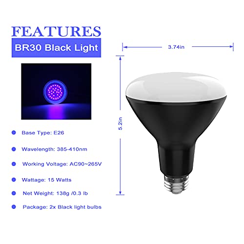 U4GLORY BR30 UV Black Light Bulb - 15W(100w Equivalent) E26 Medium Base, UVA 385-410nm, Blacklight Flood Light Bulbs Perfect for Body Paint, Blacklights Party, Fluorescent Poster, Halloween, Bedroom, 2 Pack - Image 2