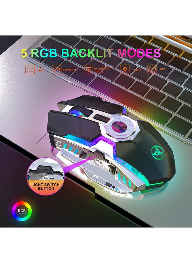 Generic - T30 Wireless Mouse 2.4G USB Receiver with 5 Backlit RGB Mode Mechanical Gaming Mouse for PC Computer Notebook Rechargeable Battery 2400DPI Adjustable Level - Image 1