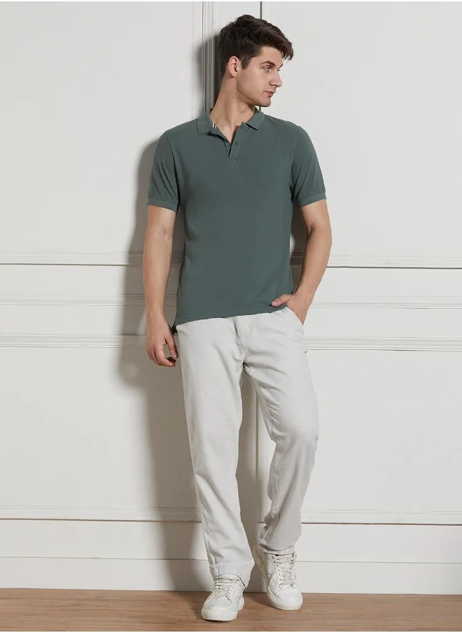 دينيس لينغو Regular Fit Sage Green Cotton-Jersey Polo Neck T-Shirt