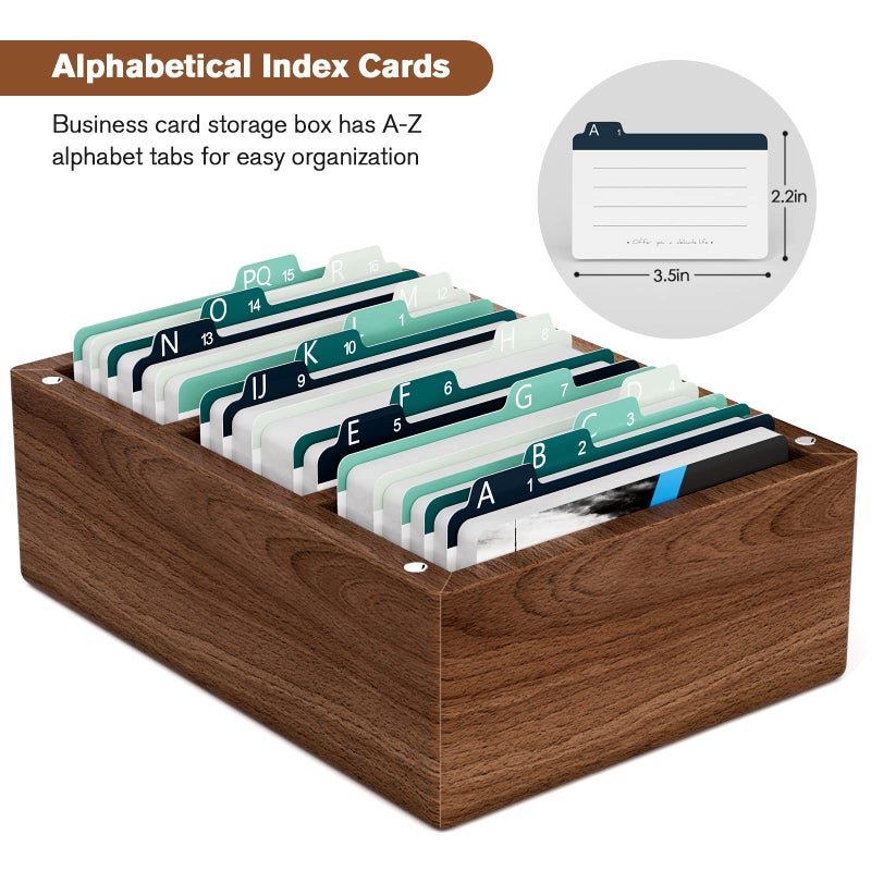 MaxGear Business Card Holder 2.2 X 3.5 Inch Index Card Organizer, Wooden Desktop Business Card Organizer, 3 Divider Boards for 300 Index Cards, A-Z Tab Cards Note Recipe Cards (6.4 x 4.5 x 3 inch) - Image 2